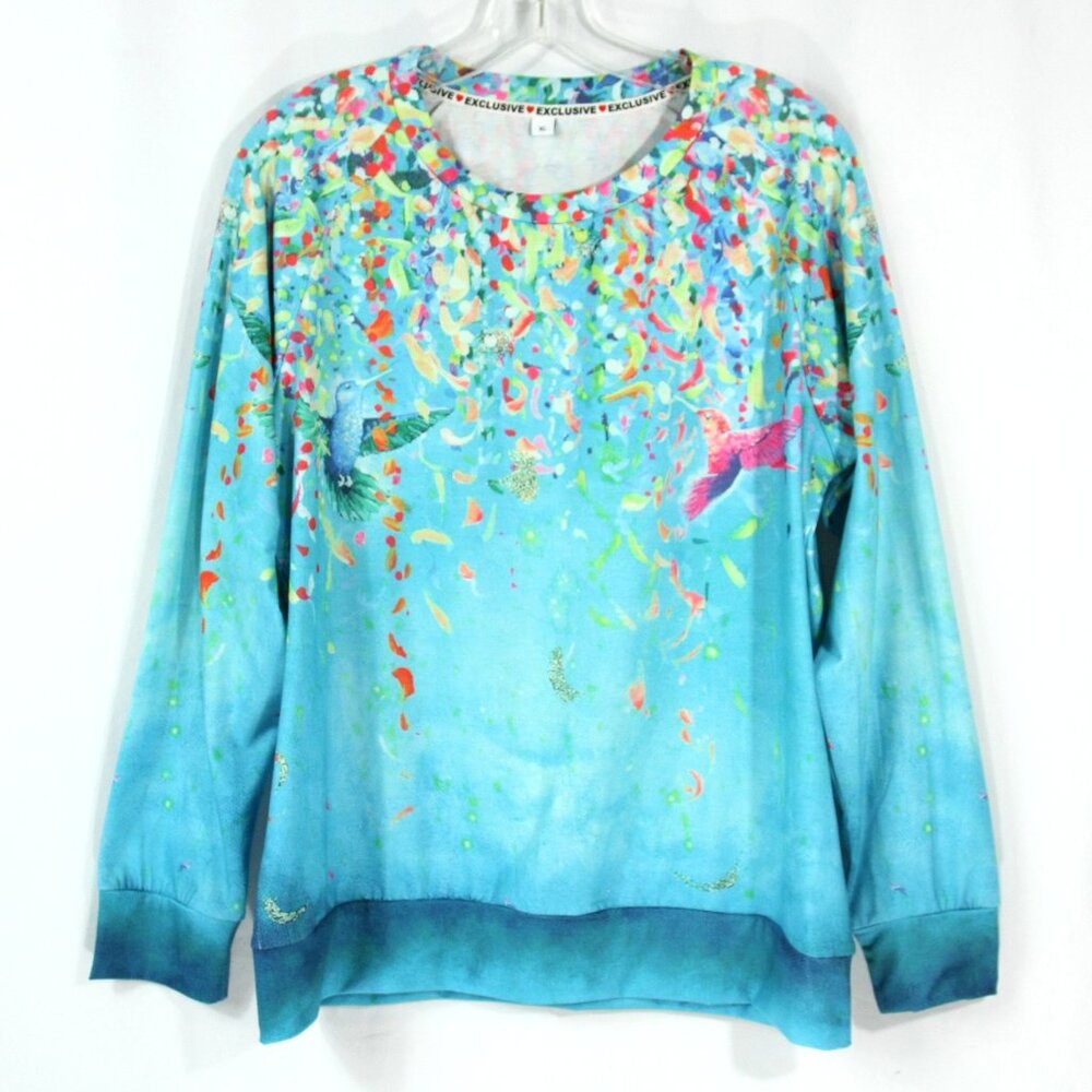Exclusive Artistic Humming Bird Colorful Raglan Sleeve Pull Over Tunic Top XL